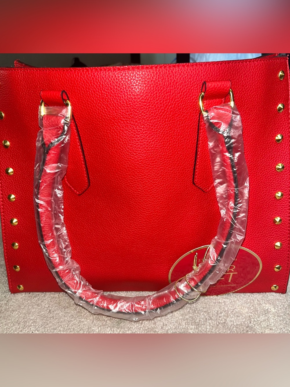 Elizabeth Arden Red Pebbled Leather Tote with Gold Hardware